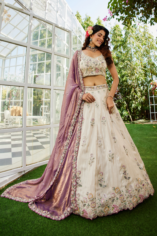 Tissue Semi-Stitched Lehenga Choli with Sequins and Thread Embroidery with Dupatta