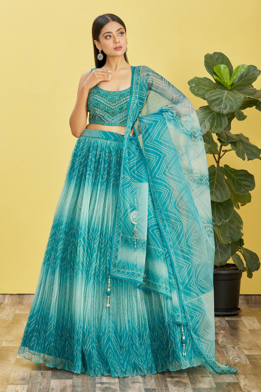 Vibrant Digital Printed Organza Lehenga Choli with Contemporary Flair