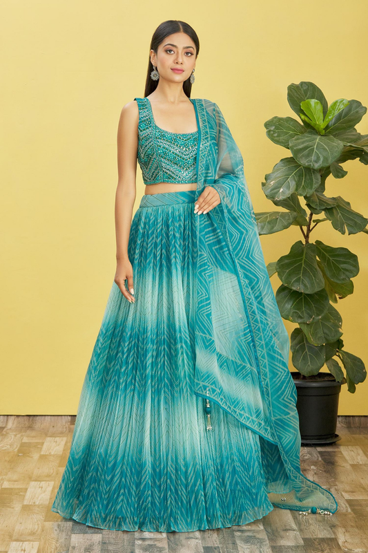 Vibrant Digital Printed Organza Lehenga Choli with Contemporary Flair