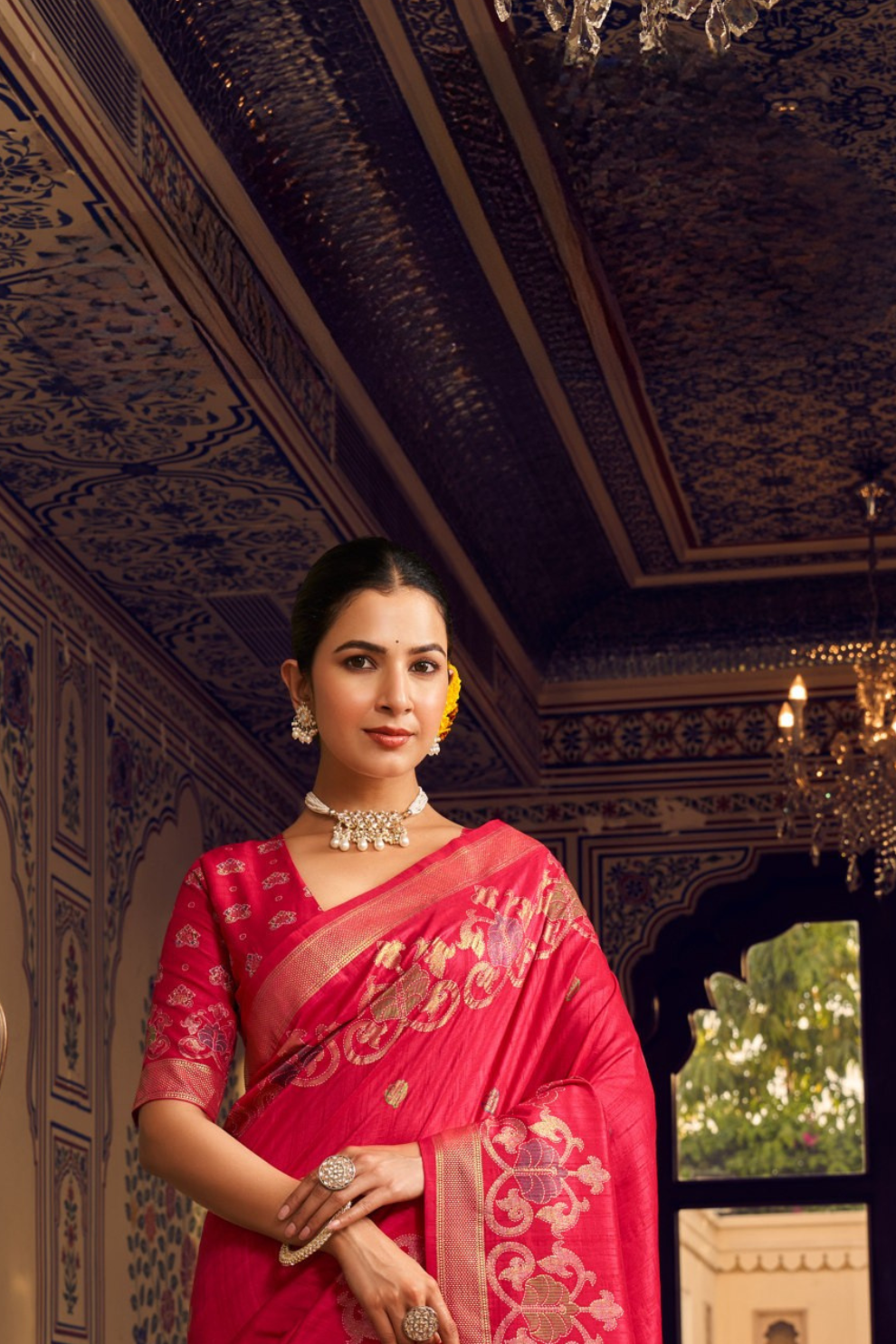 Luxurious Banarasi-Inspired Saree in Polyester Viscose Silk with Zari Embroidery