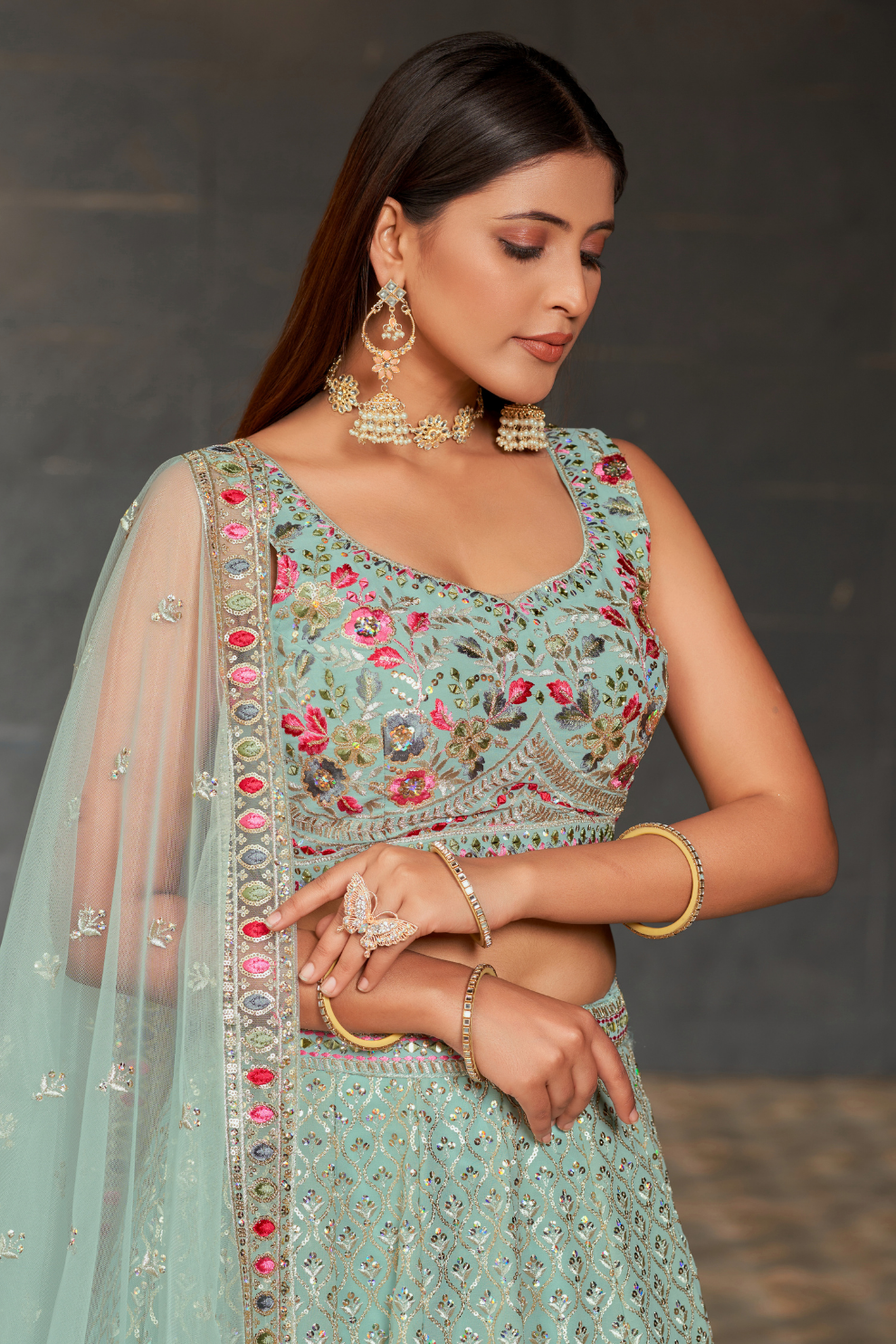 Elegant Digital Printed Ensemble with Sequins, Zari, Thread & Dori Embroidery