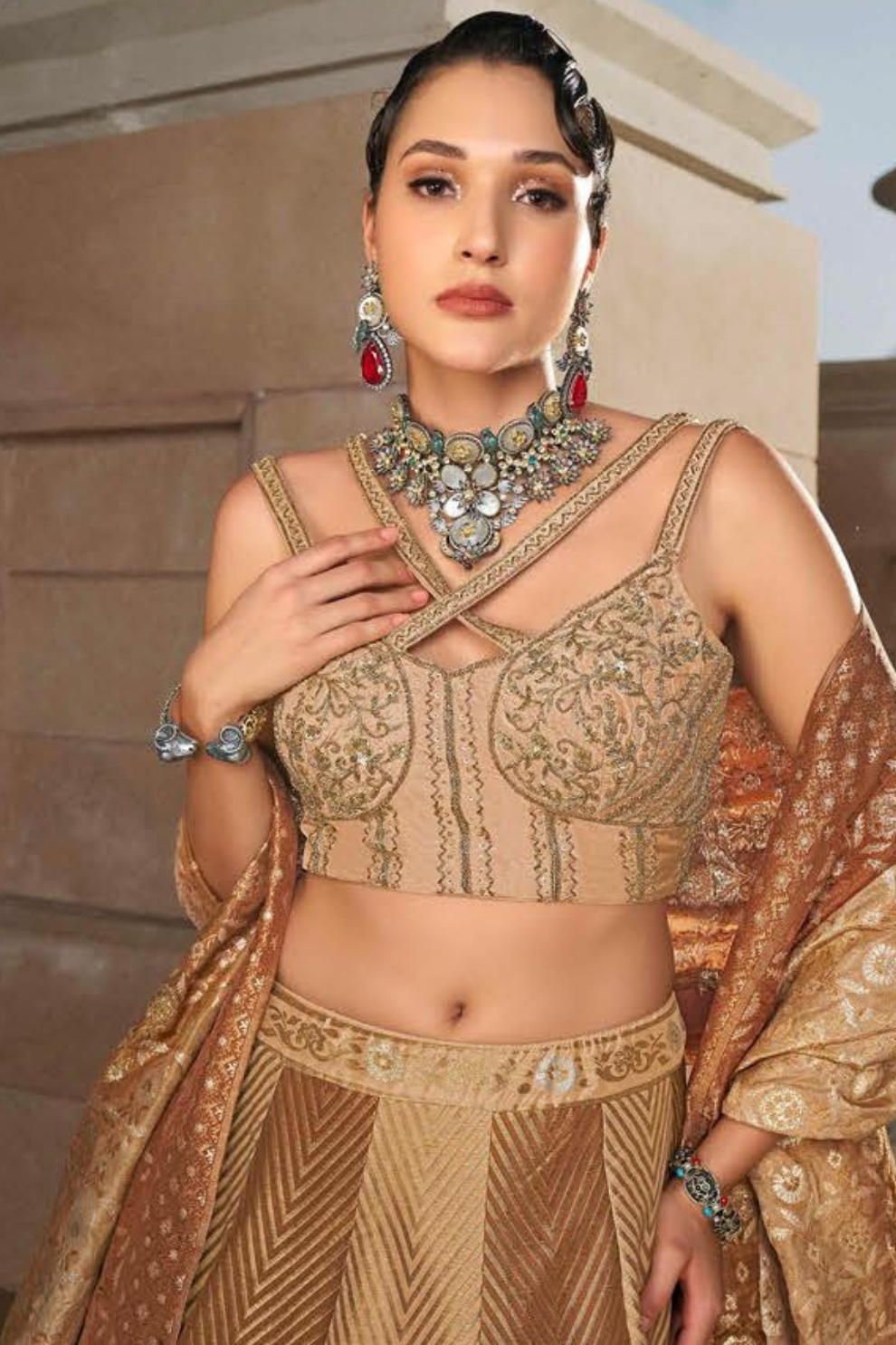 Blush Gold Heritage Lehenga Choli with Intricate Embroidery - LaVante Fashion