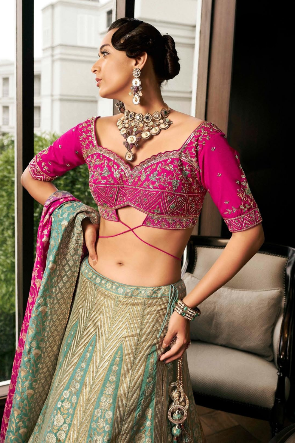 Sage Green Brocade Silk Lehenga Set with Intricate Embellishments - LaVante Fashion