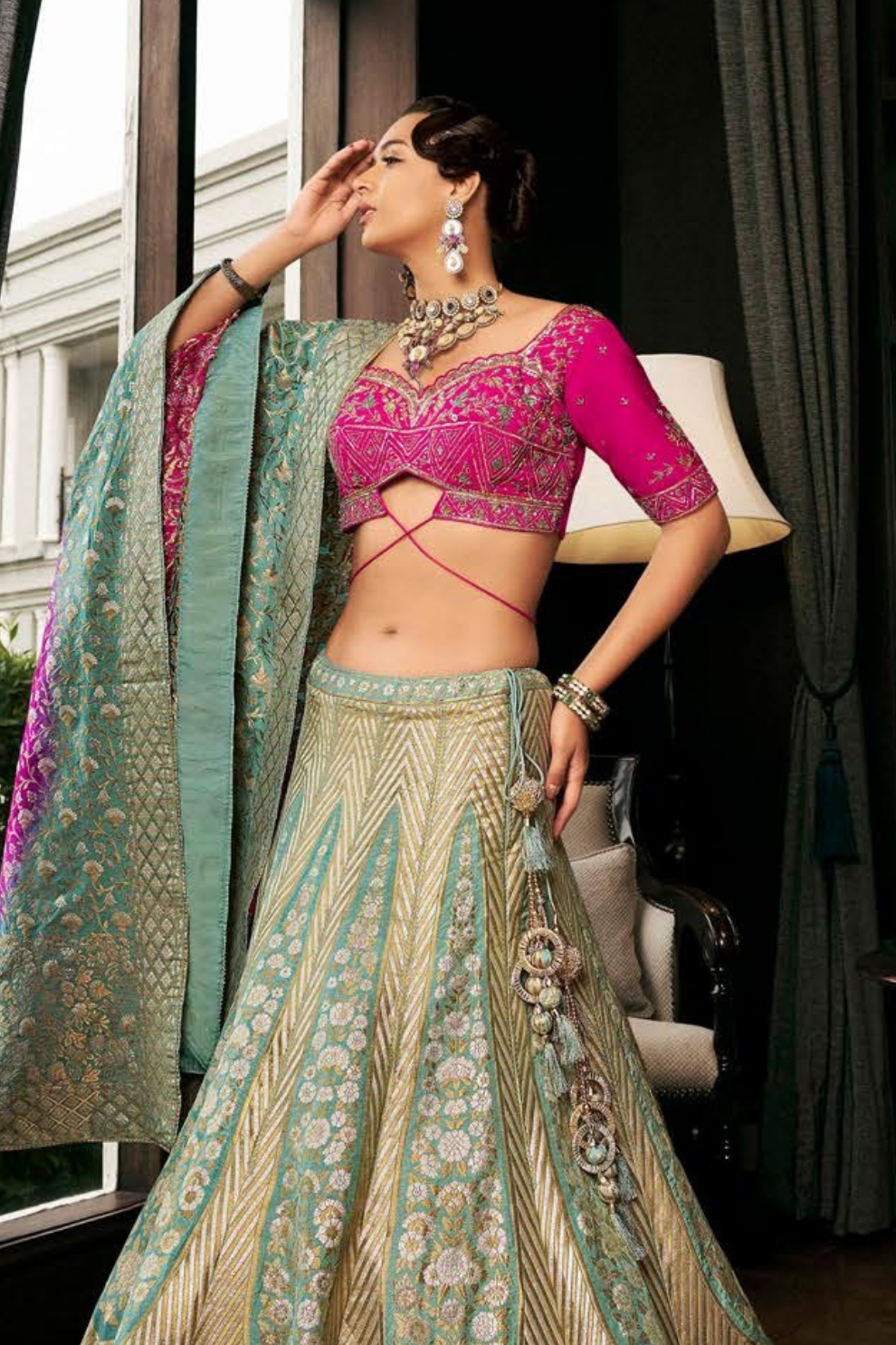 Sage Green Brocade Silk Lehenga Set with Intricate Embellishments - LaVante Fashion