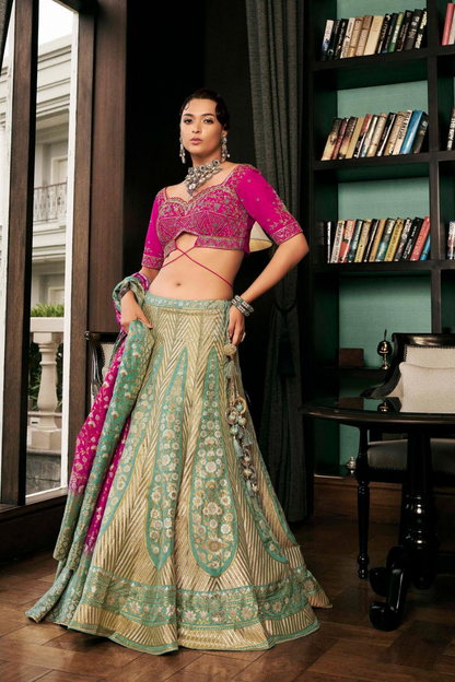 Sage Green Brocade Silk Lehenga Set with Intricate Embellishments - LaVante Fashion