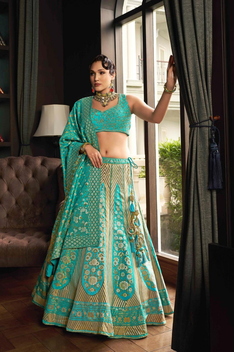 Graceful Firozi Silk Bridal Lehenga Choli Featuring Detailed Embroidery - LaVante Fashion
