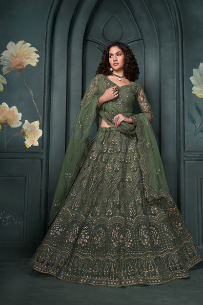 Elegant Mehendi Green Bridal Lehenga With Rich Embroidery