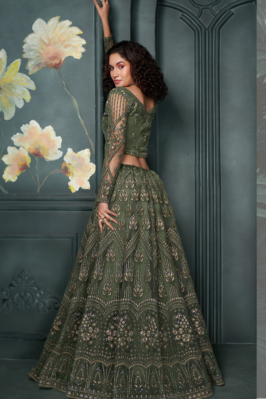 Elegant Mehendi Green Bridal Lehenga With Rich Embroidery