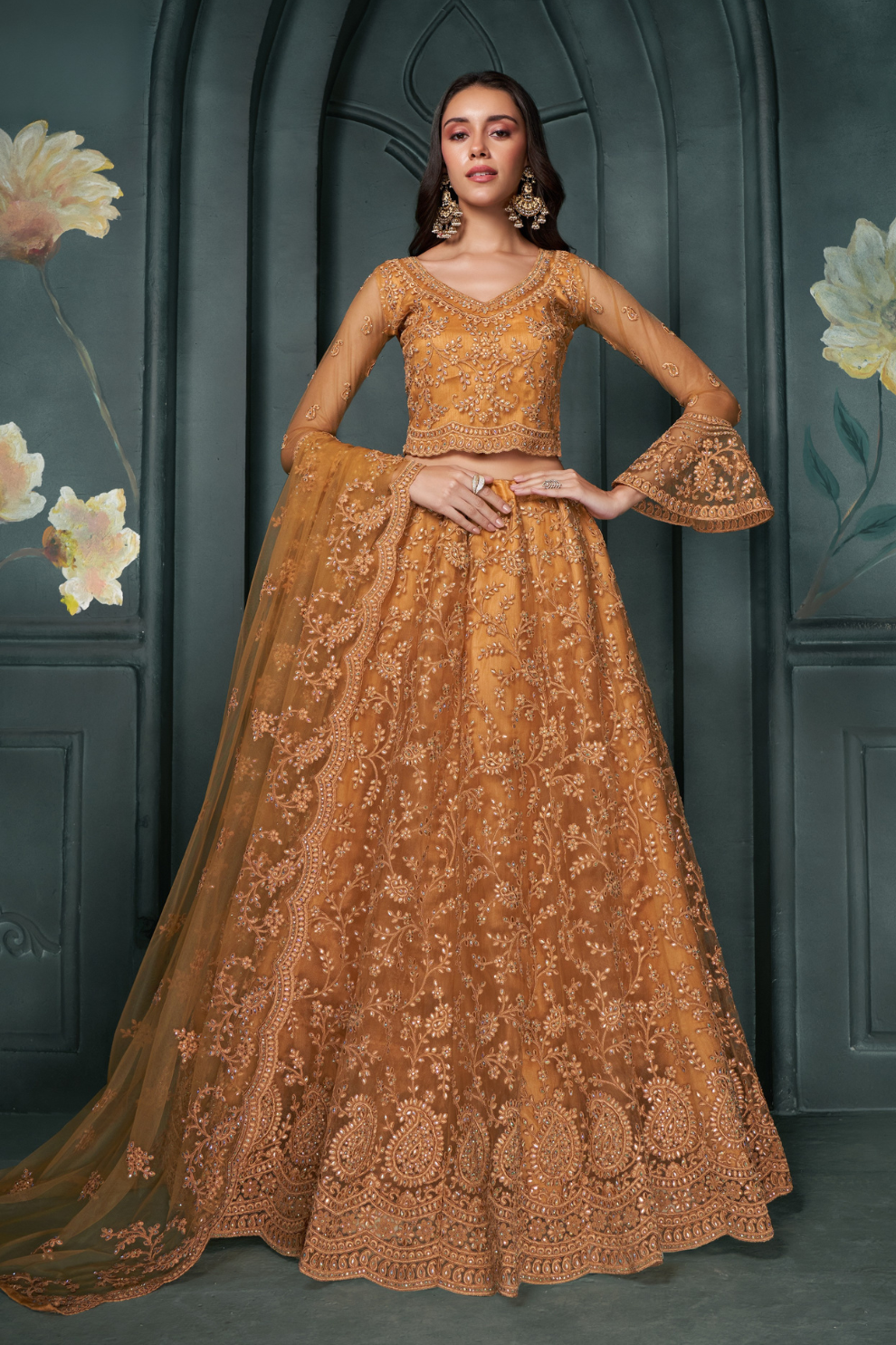 Gold Net Lehenga With Intricate Embroidery For Special Occasions