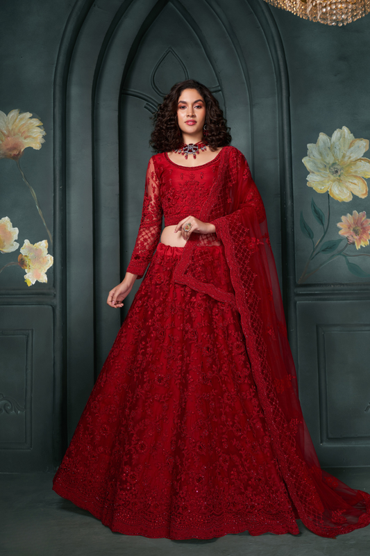 Glamorous Red Embroidered Net Lehenga Choli With Dupatta