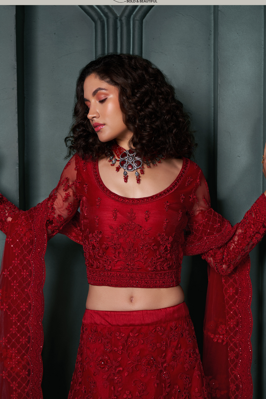 Glamorous Red Embroidered Net Lehenga Choli With Dupatta