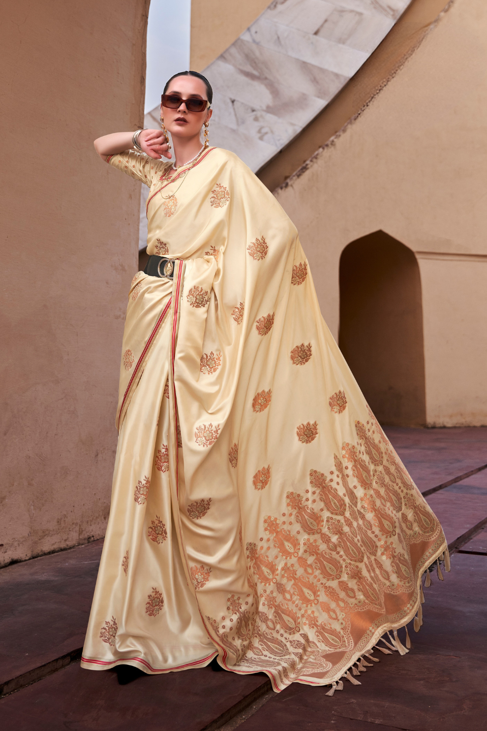 Pure Satin Saree with Elegant Copper Zari Weaving - LaVante Fashion