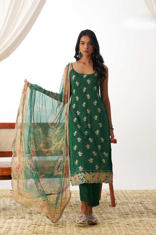 Green Organza Embroidered Kurta-Style Salwar Suit