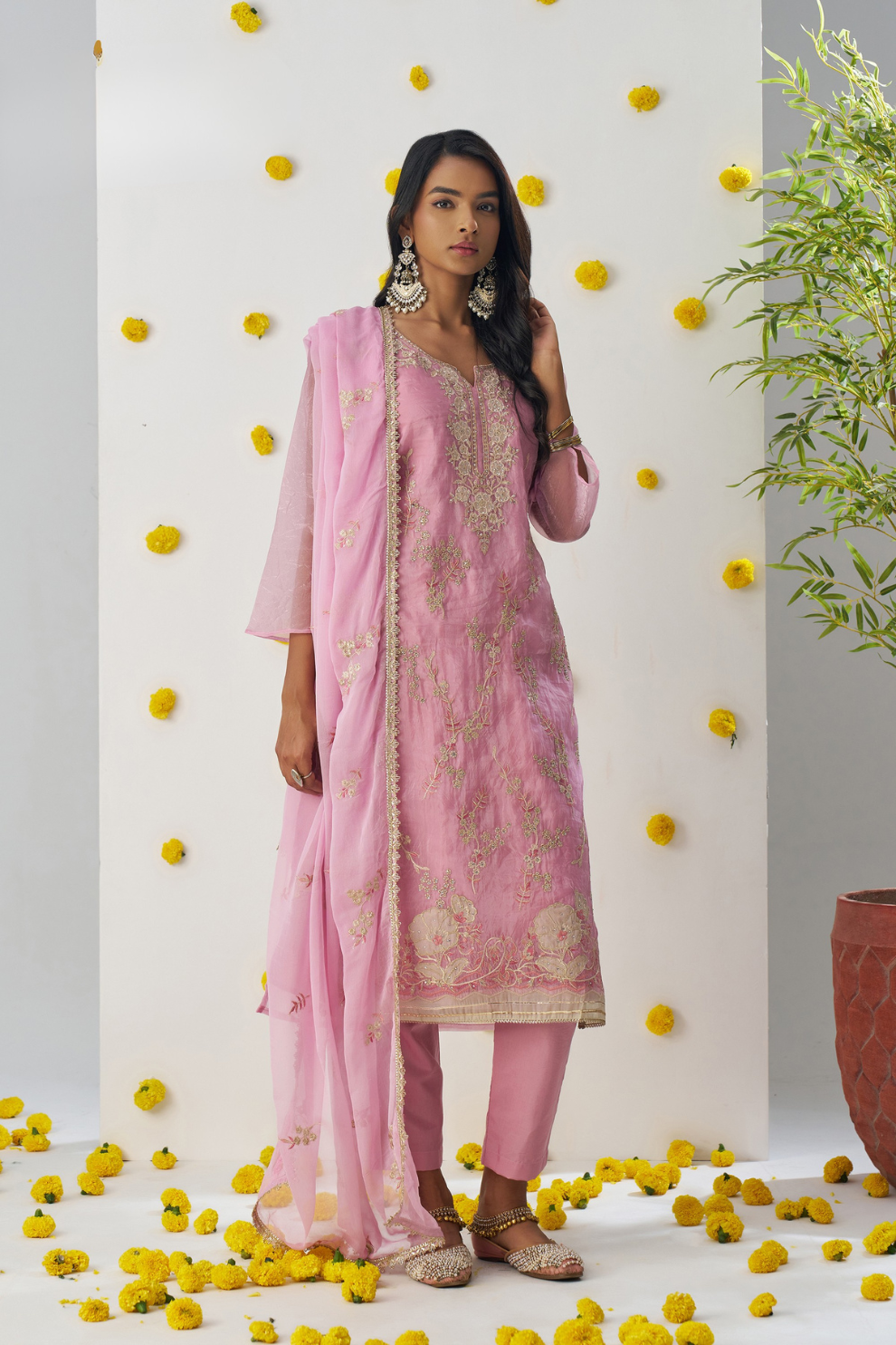 Pink Thread Embroidered Organza Silk Pant Suit for Parties