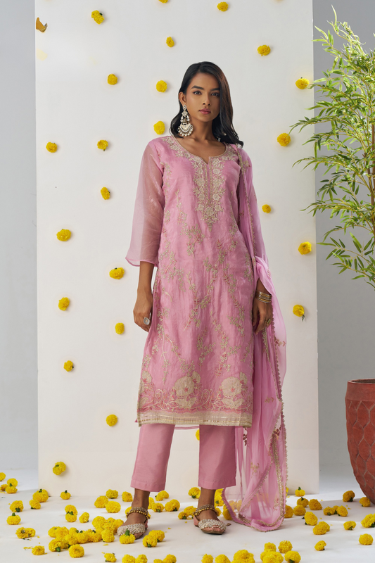 Pink Thread Embroidered Organza Silk Pant Suit for Parties