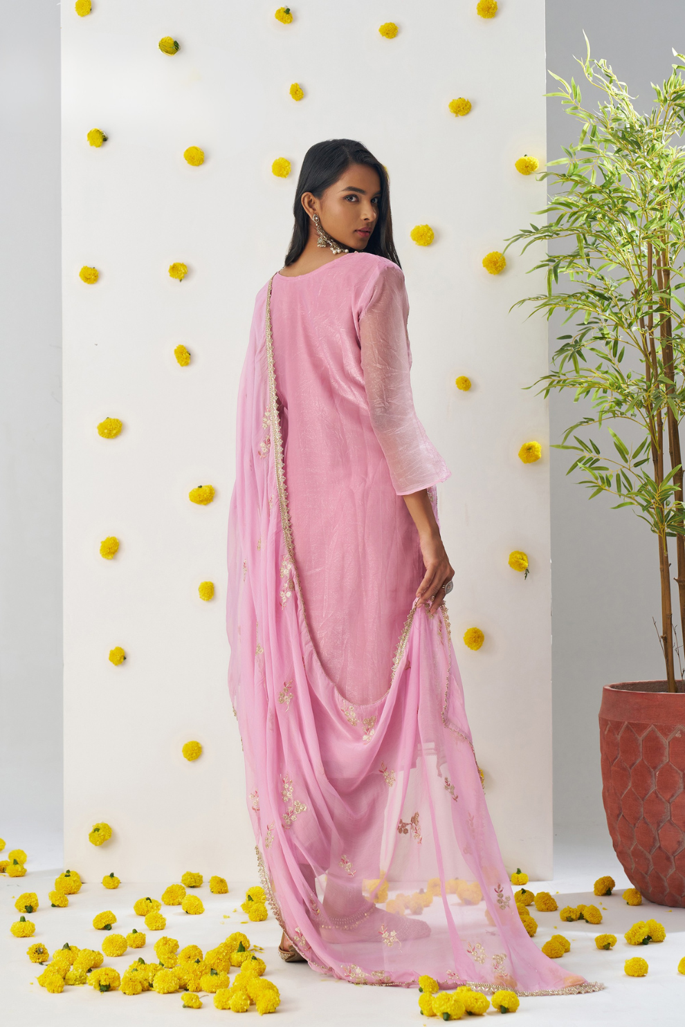 Pink Thread Embroidered Organza Silk Pant Suit for Parties