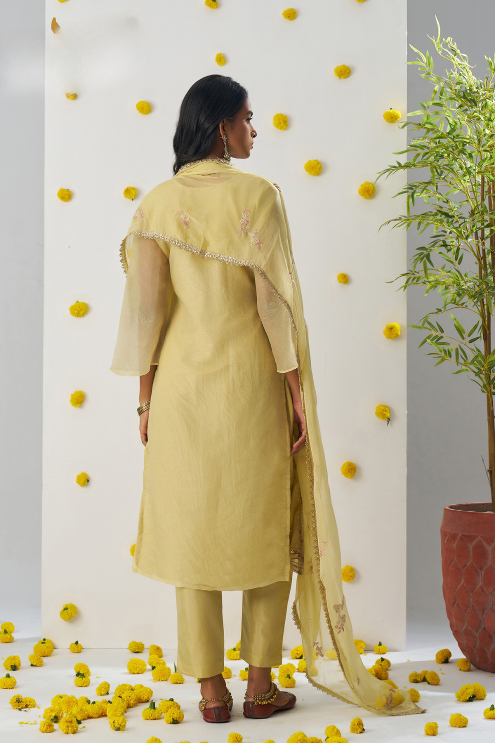 Festive Yellow Thread Embroidered Pant Suit in Organza Silk