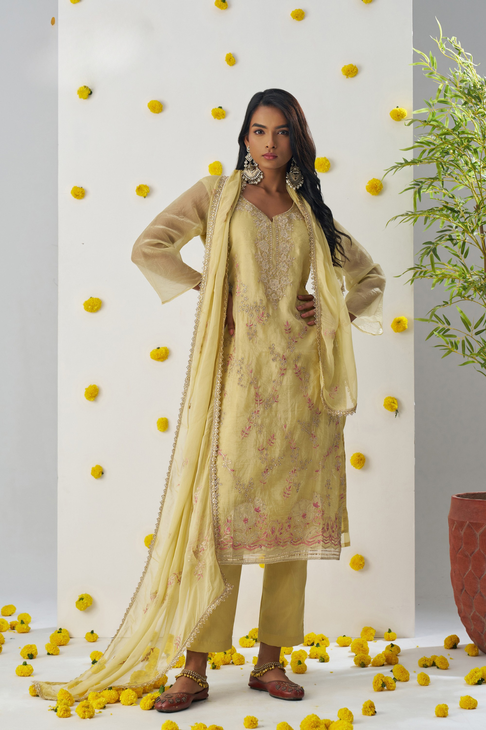 Festive Yellow Thread Embroidered Pant Suit in Organza Silk