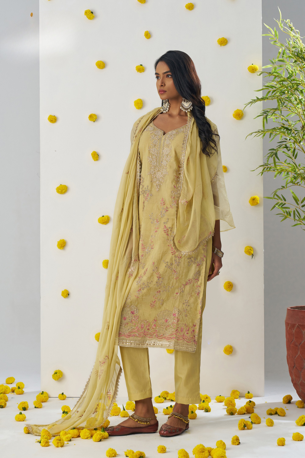 Festive Yellow Thread Embroidered Pant Suit in Organza Silk