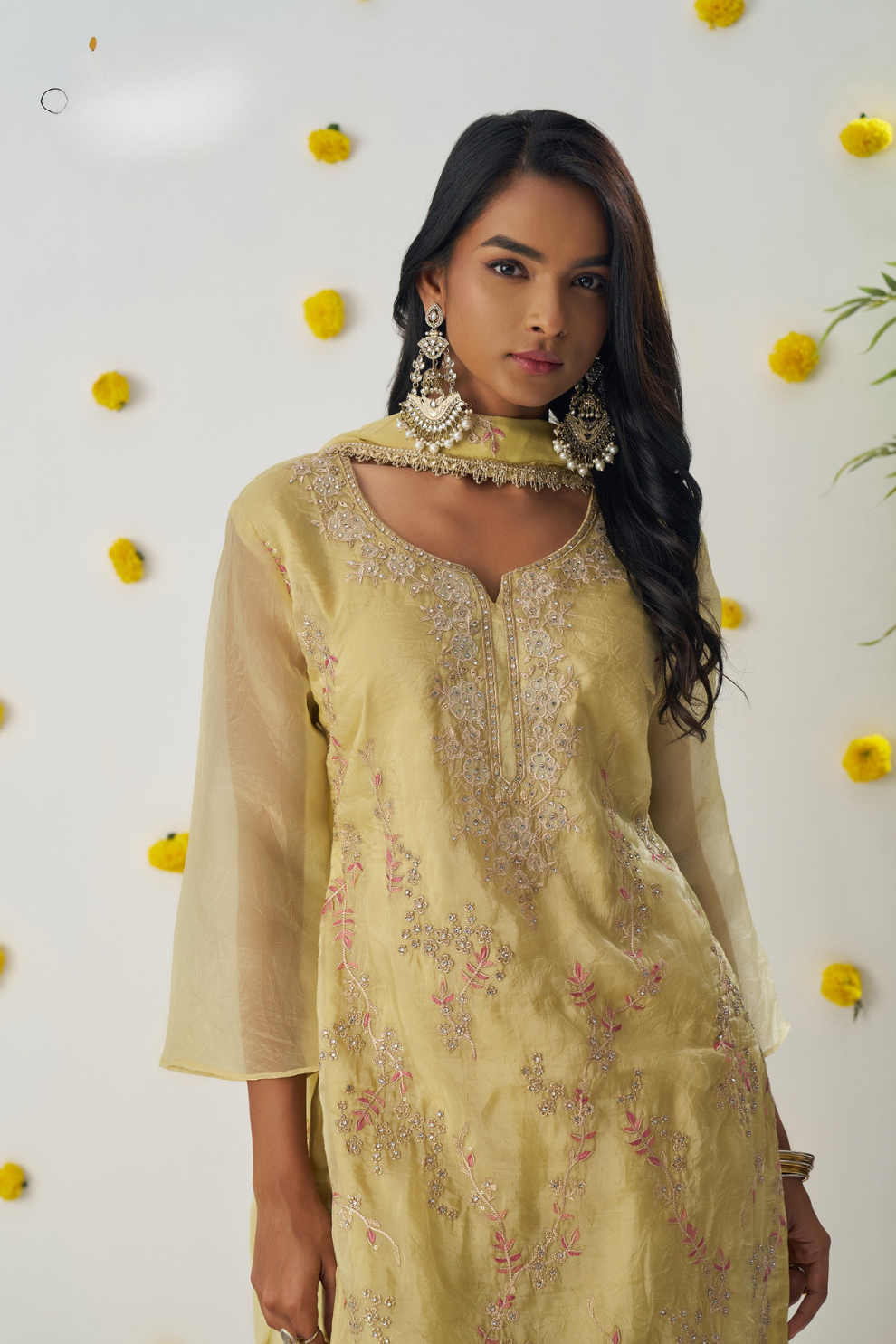 Festive Yellow Thread Embroidered Pant Suit in Organza Silk