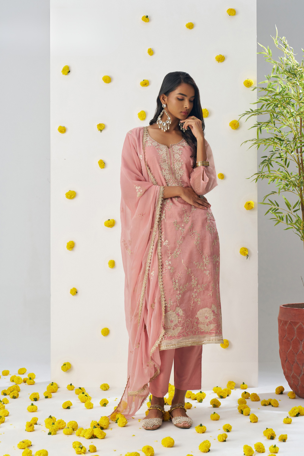 Festive Wear Blush Pink Embroidered Pant Suit