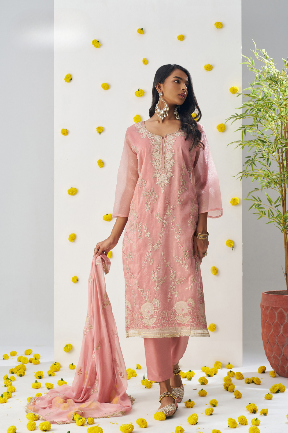 Festive Wear Blush Pink Embroidered Pant Suit