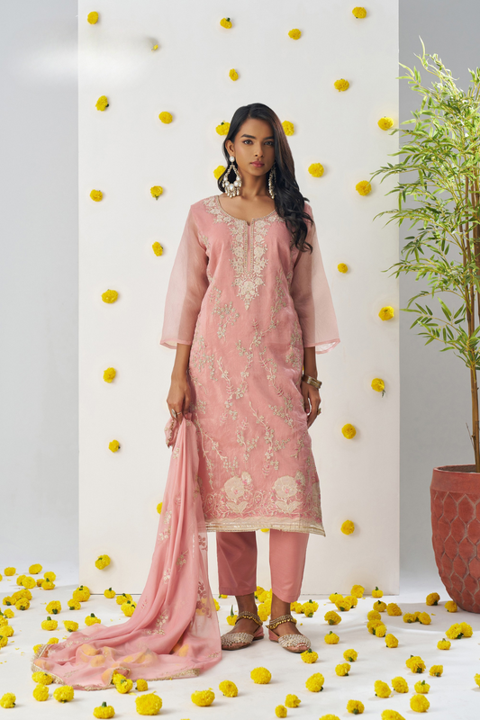 Festive Wear Blush Pink Embroidered Pant Suit