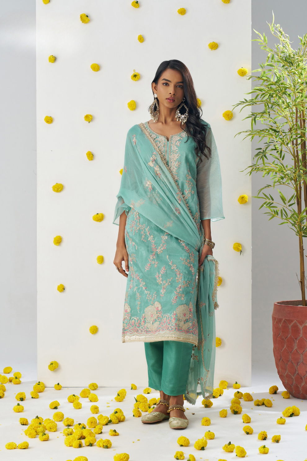 Firozi Crush Embroidered Salwar Kameez for Ceremonial Wear
