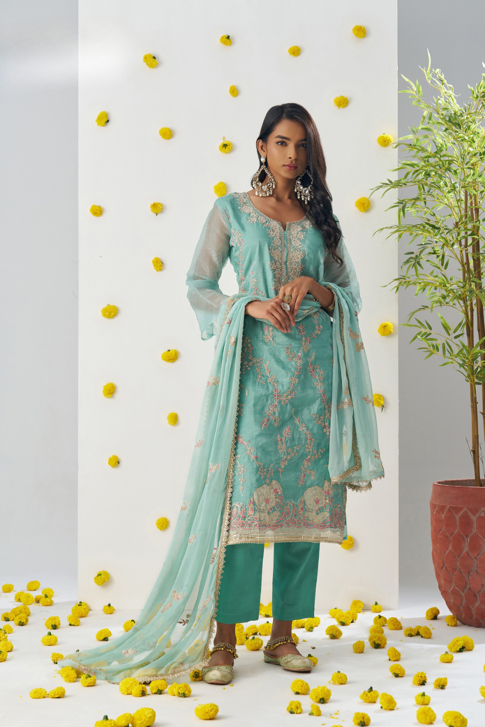 Firozi Crush Embroidered Salwar Kameez for Ceremonial Wear