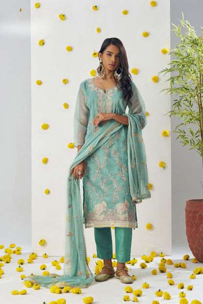 Firozi Crush Embroidered Salwar Kameez for Ceremonial Wear