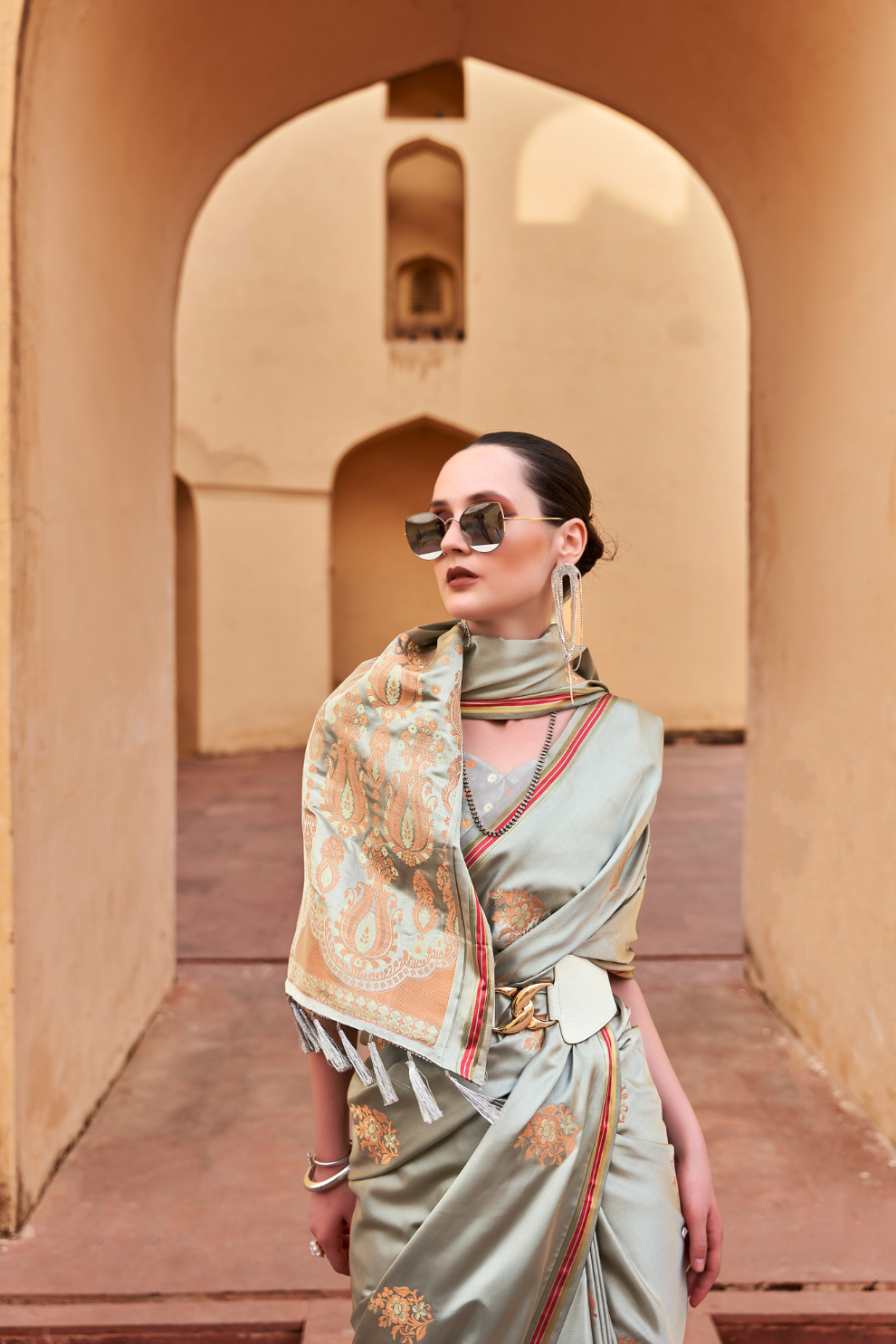 Pure Satin Saree with Elegant Copper Zari Weaving - LaVante Fashion