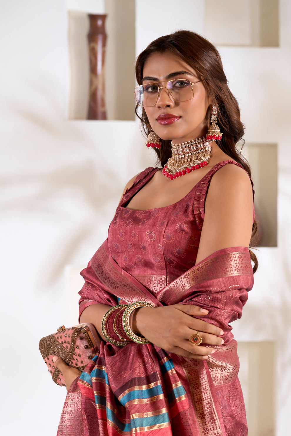 Soft Dola Silk Saree with Foil Print & Dusty Tone Matching - LaVante Fashion