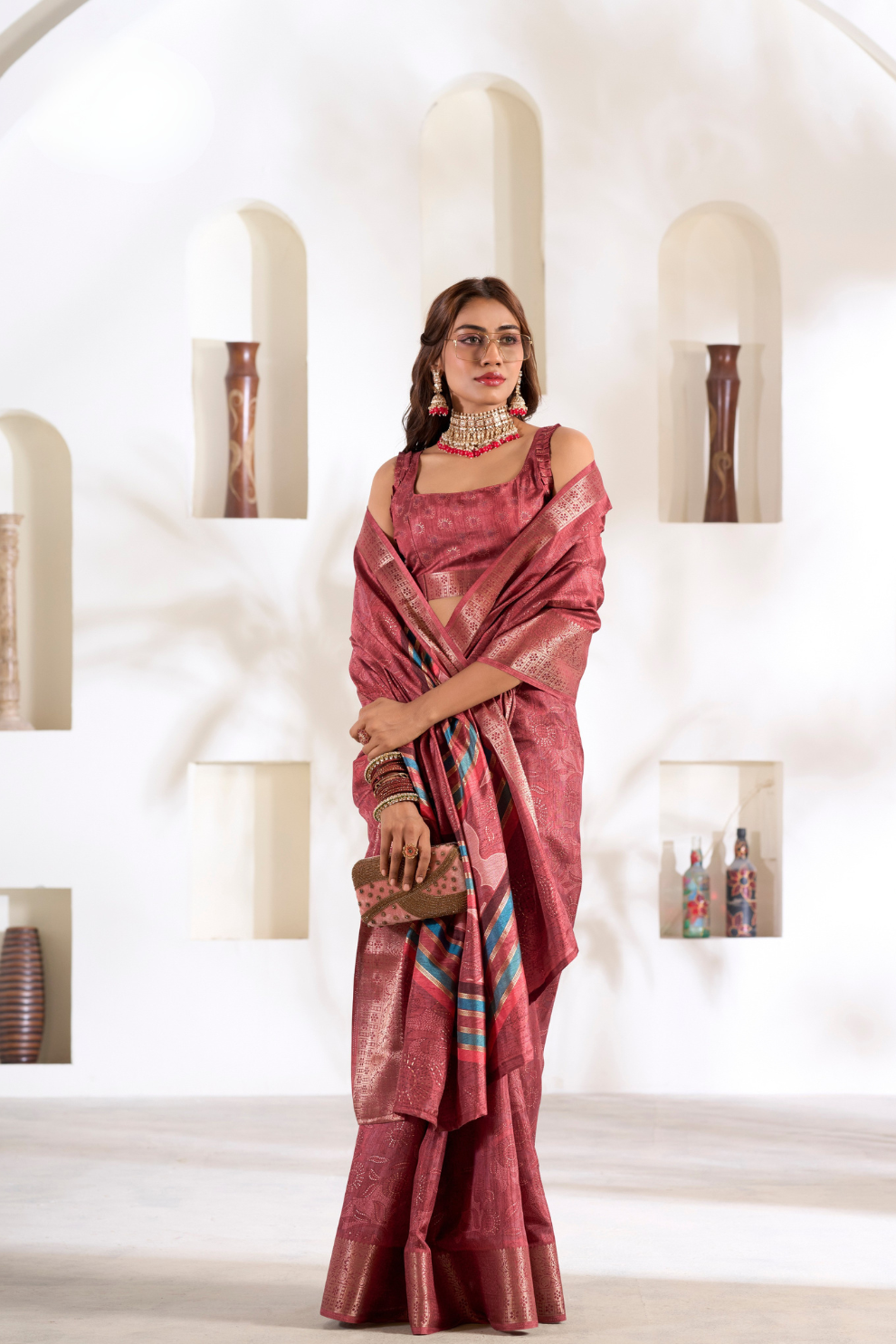 Soft Dola Silk Saree with Foil Print & Dusty Tone Matching - LaVante Fashion