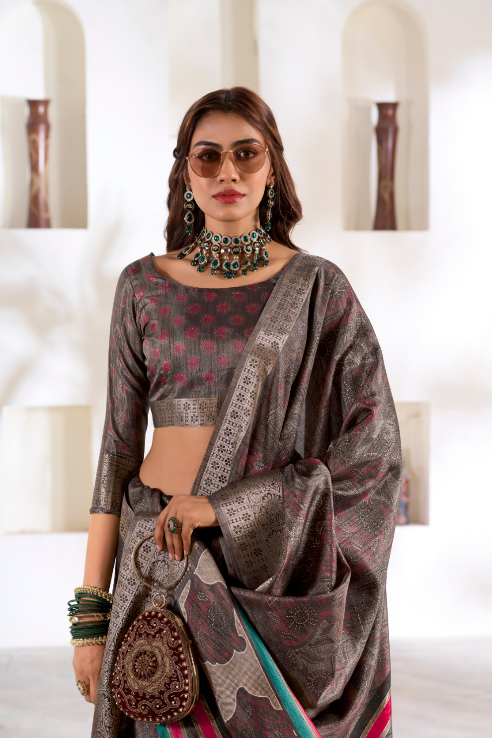 Soft Dola Silk Saree with Foil Print & Dusty Tone Matching - LaVante Fashion