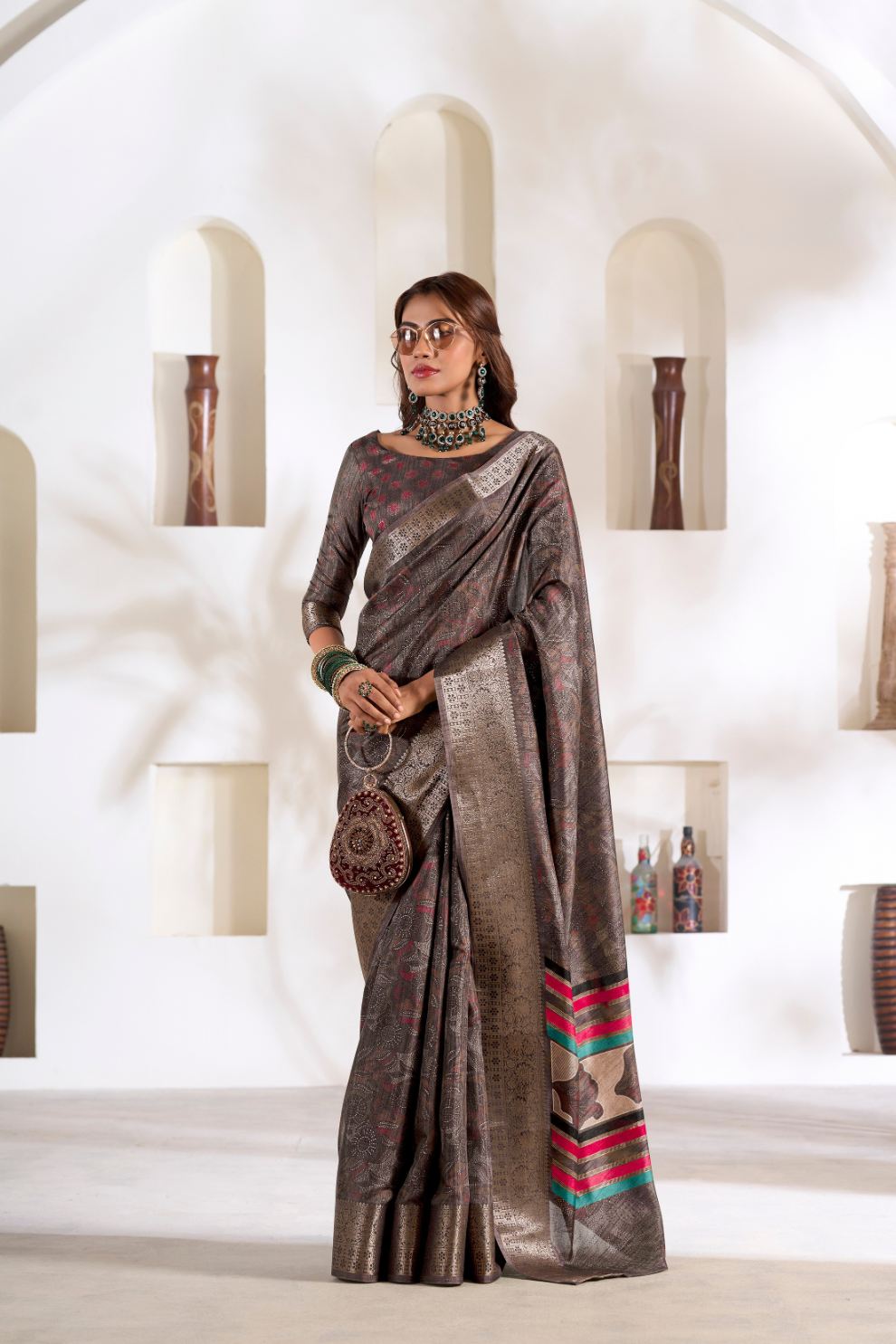 Soft Dola Silk Saree with Foil Print & Dusty Tone Matching - LaVante Fashion