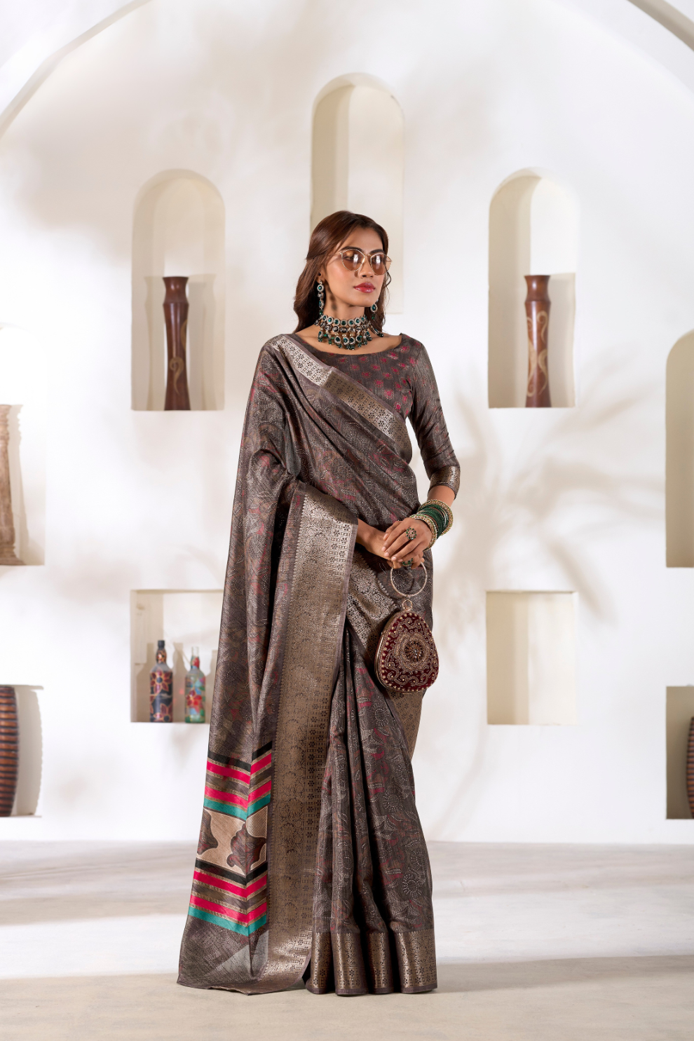 Soft Dola Silk Saree with Foil Print & Dusty Tone Matching - LaVante Fashion