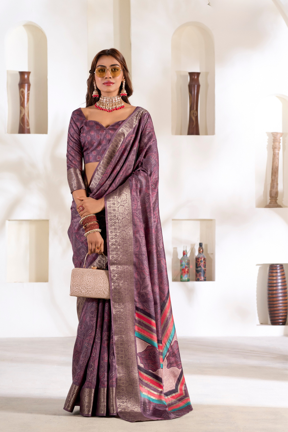 Soft Dola Silk Saree with Foil Print & Dusty Tone Matching - LaVante Fashion