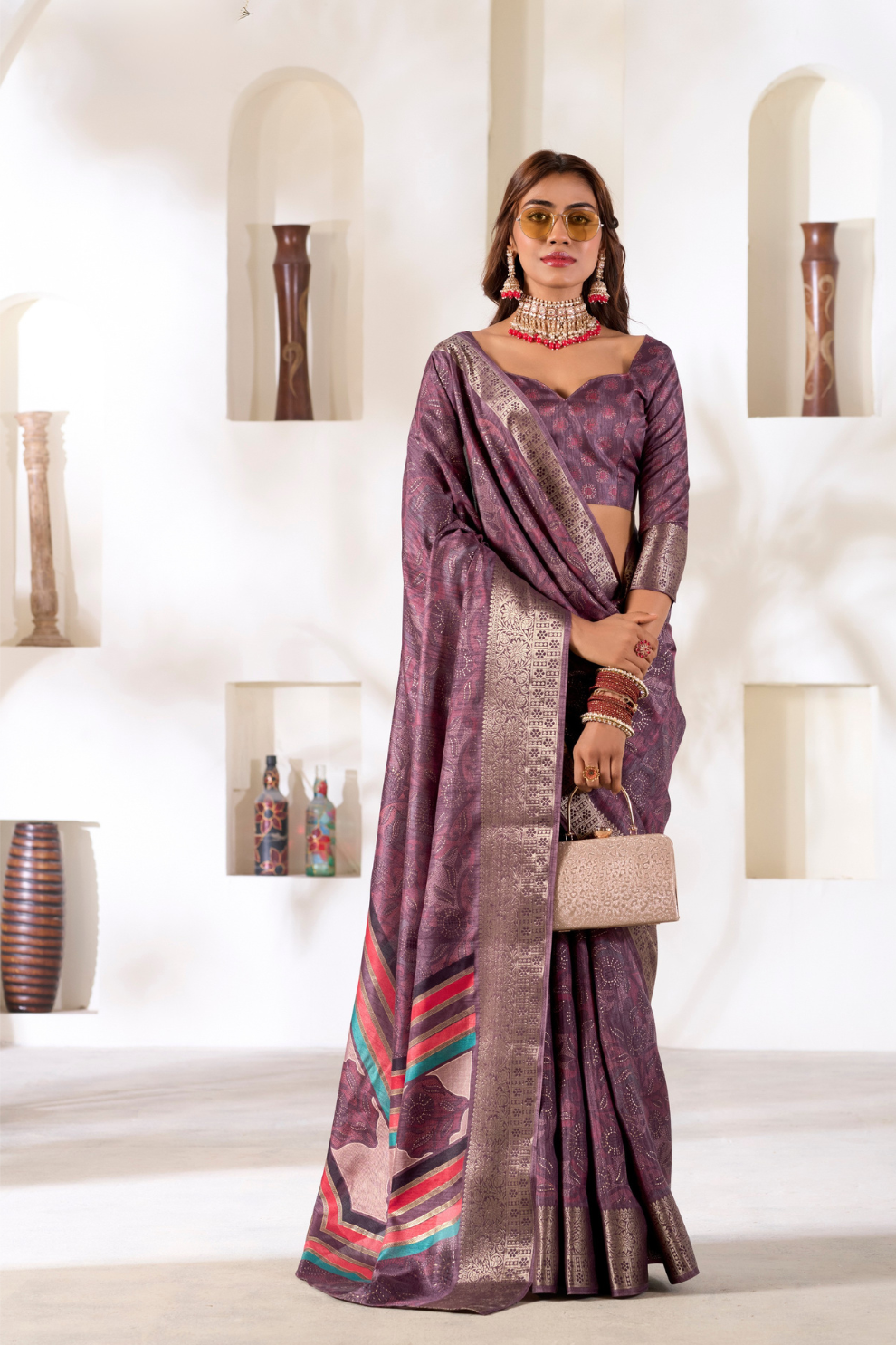 Soft Dola Silk Saree with Foil Print & Dusty Tone Matching - LaVante Fashion