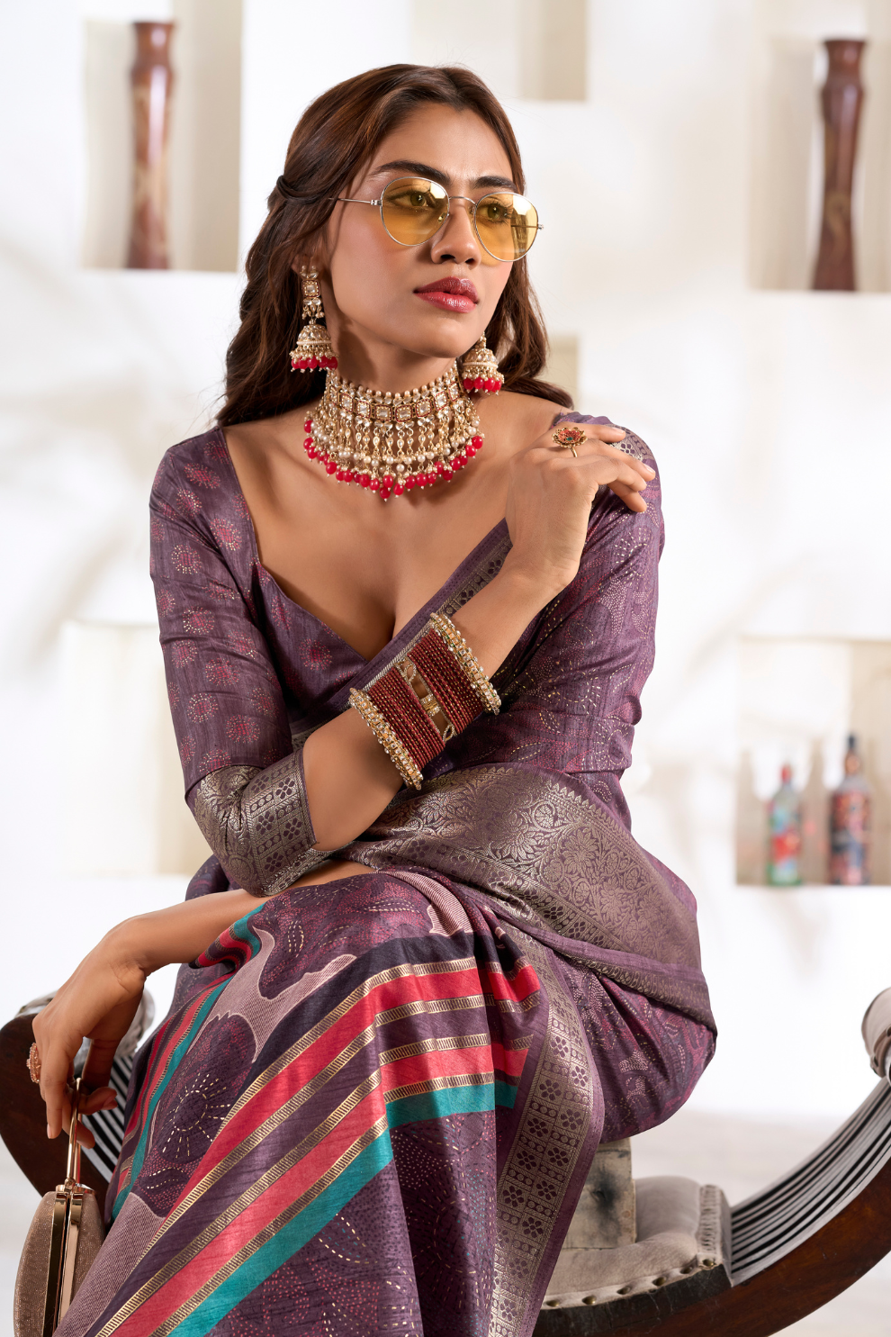 Soft Dola Silk Saree with Foil Print & Dusty Tone Matching - LaVante Fashion