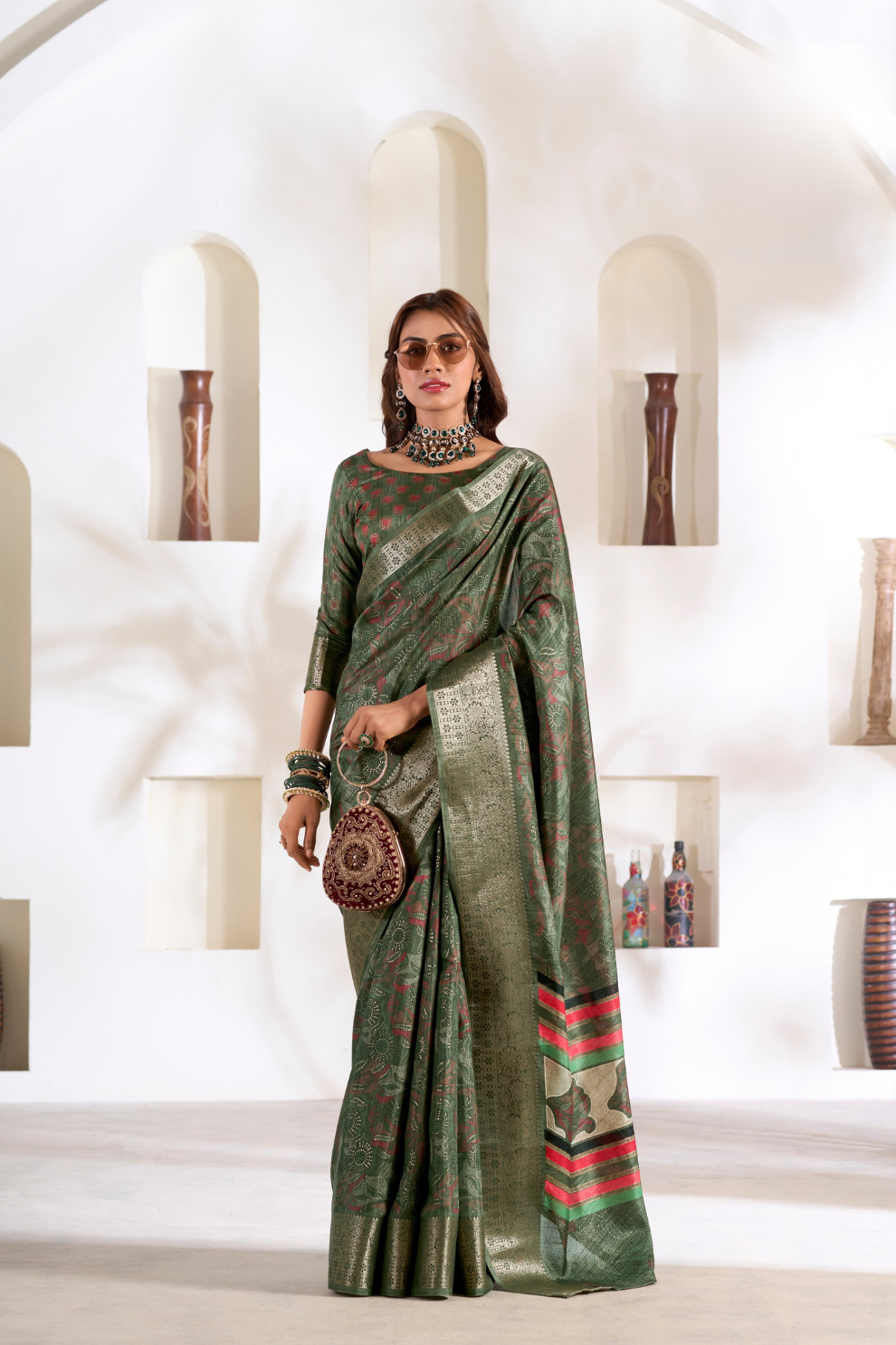 Soft Dola Silk Saree with Foil Print & Dusty Tone Matching - LaVante Fashion
