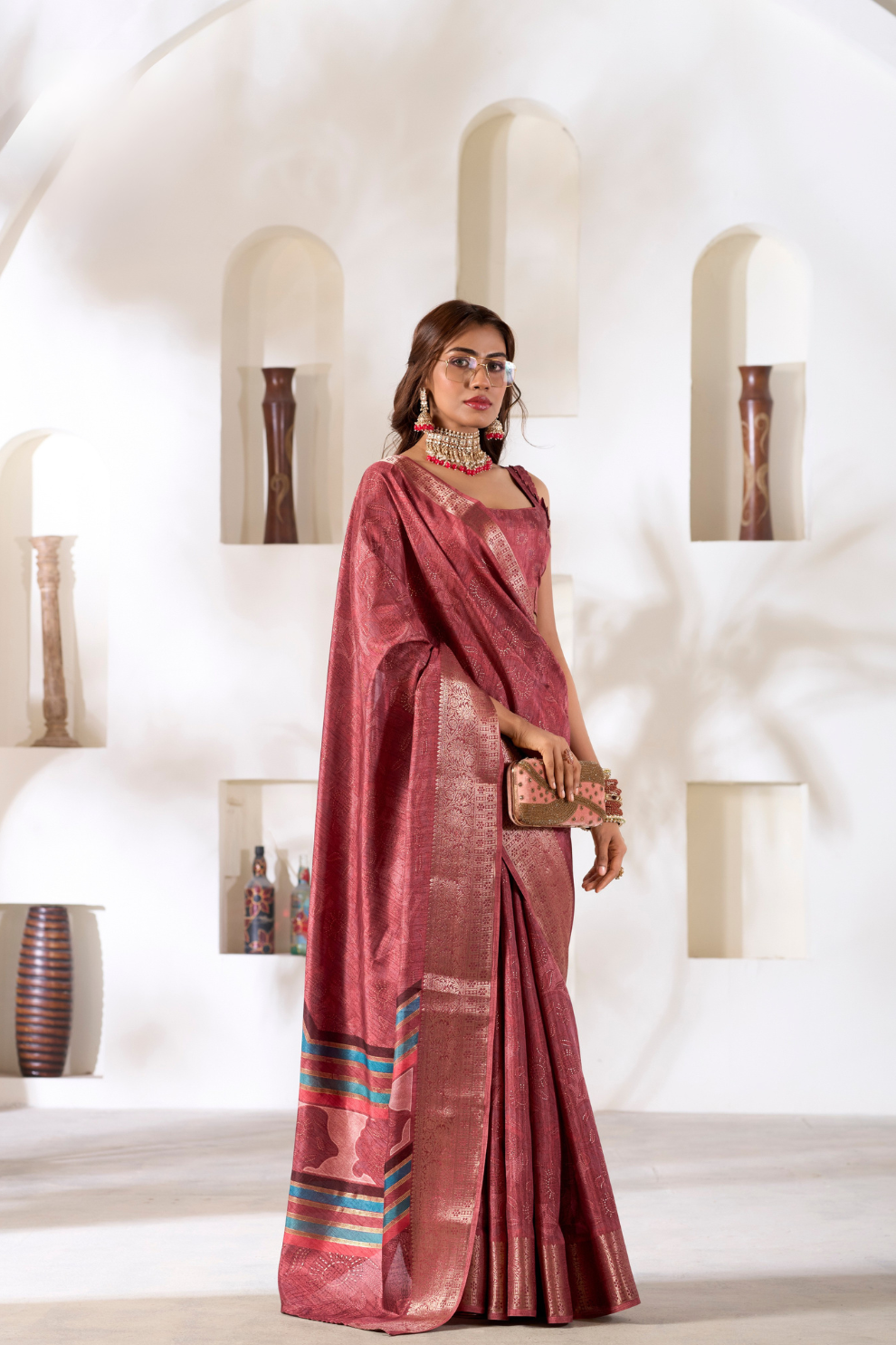 Soft Dola Silk Saree with Foil Print & Dusty Tone Matching - LaVante Fashion