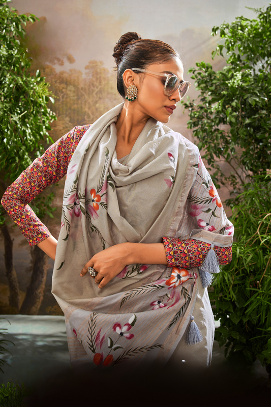 Soft Linen Tissue Silk Saree with Hand Brush Print & Kalamkari Blouse - LaVante Fashion