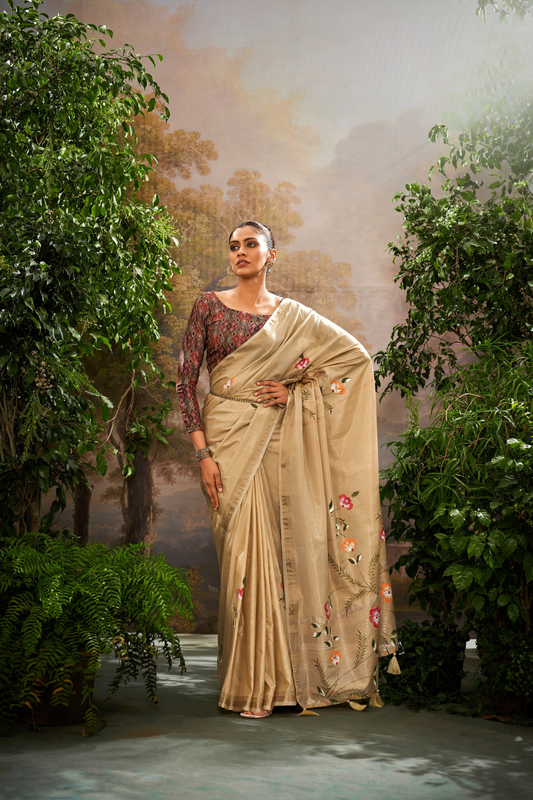 Soft Linen Tissue Silk Saree with Hand Brush Print & Kalamkari Blouse - LaVante Fashion