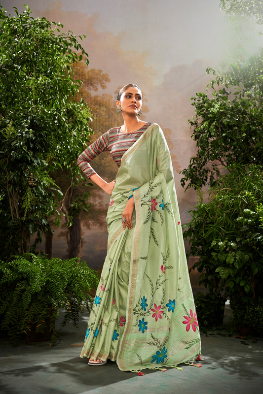 Soft Linen Tissue Silk Saree with Hand Brush Print & Kalamkari Blouse - LaVante Fashion