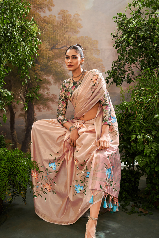 Soft Linen Tissue Silk Saree with Hand Brush Print & Kalamkari Blouse - LaVante Fashion