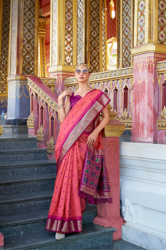 Tusser Handloom Silk Saree with Zari Weaving Border and Patola Weaved - LaVante Fashion