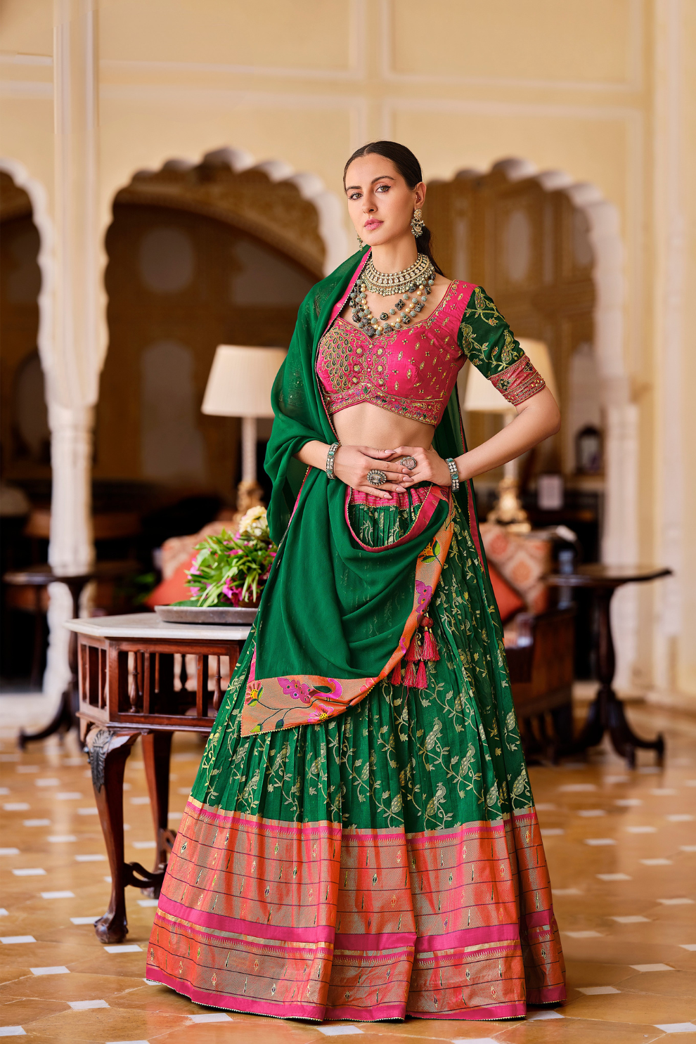 Green Printed Silk Readymade Lehenga Choli - LaVante Fashion