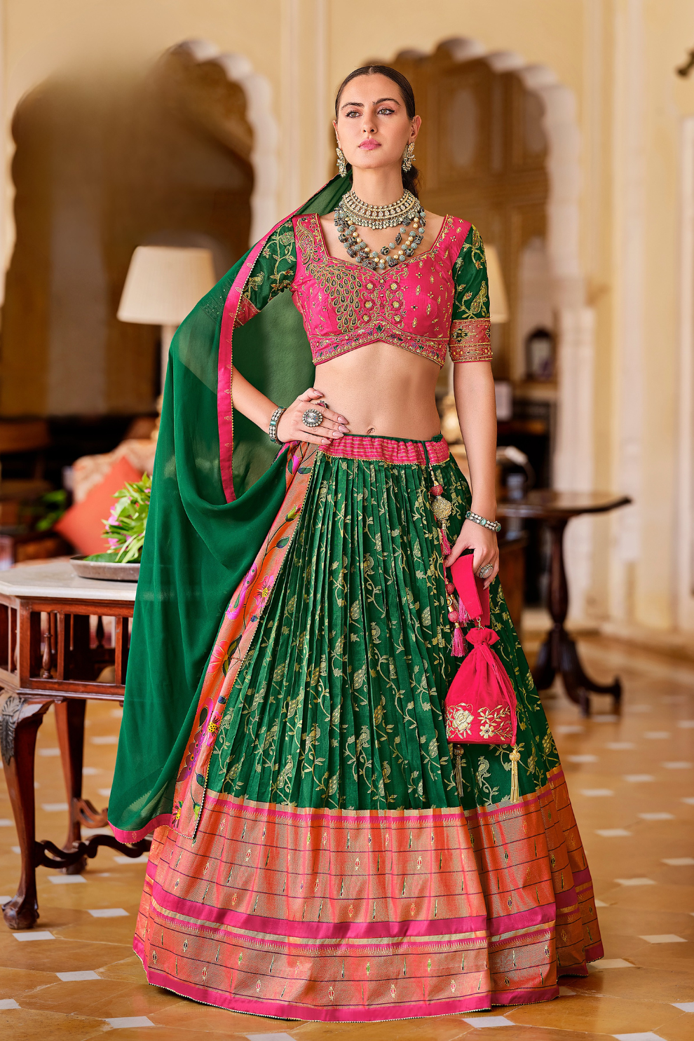 Green Printed Silk Readymade Lehenga Choli - LaVante Fashion