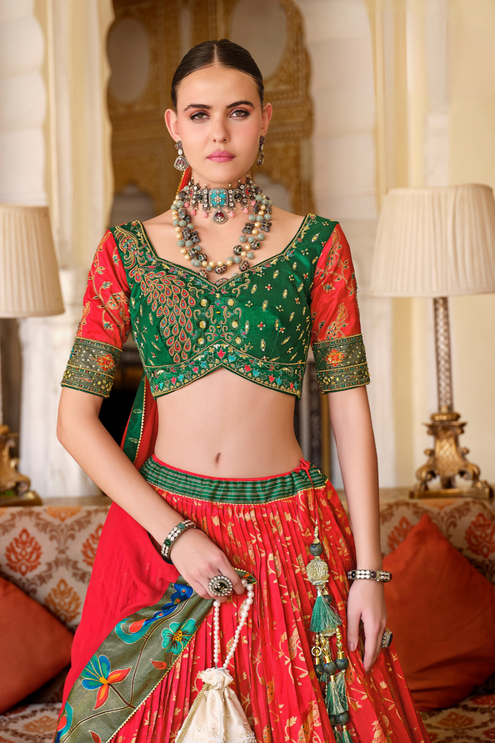 Red Printed Silk Readymade Lehenga Choli - LaVante Fashion