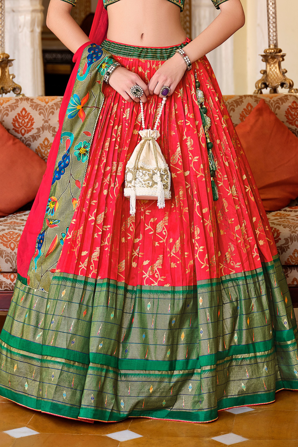 Red Printed Silk Readymade Lehenga Choli - LaVante Fashion